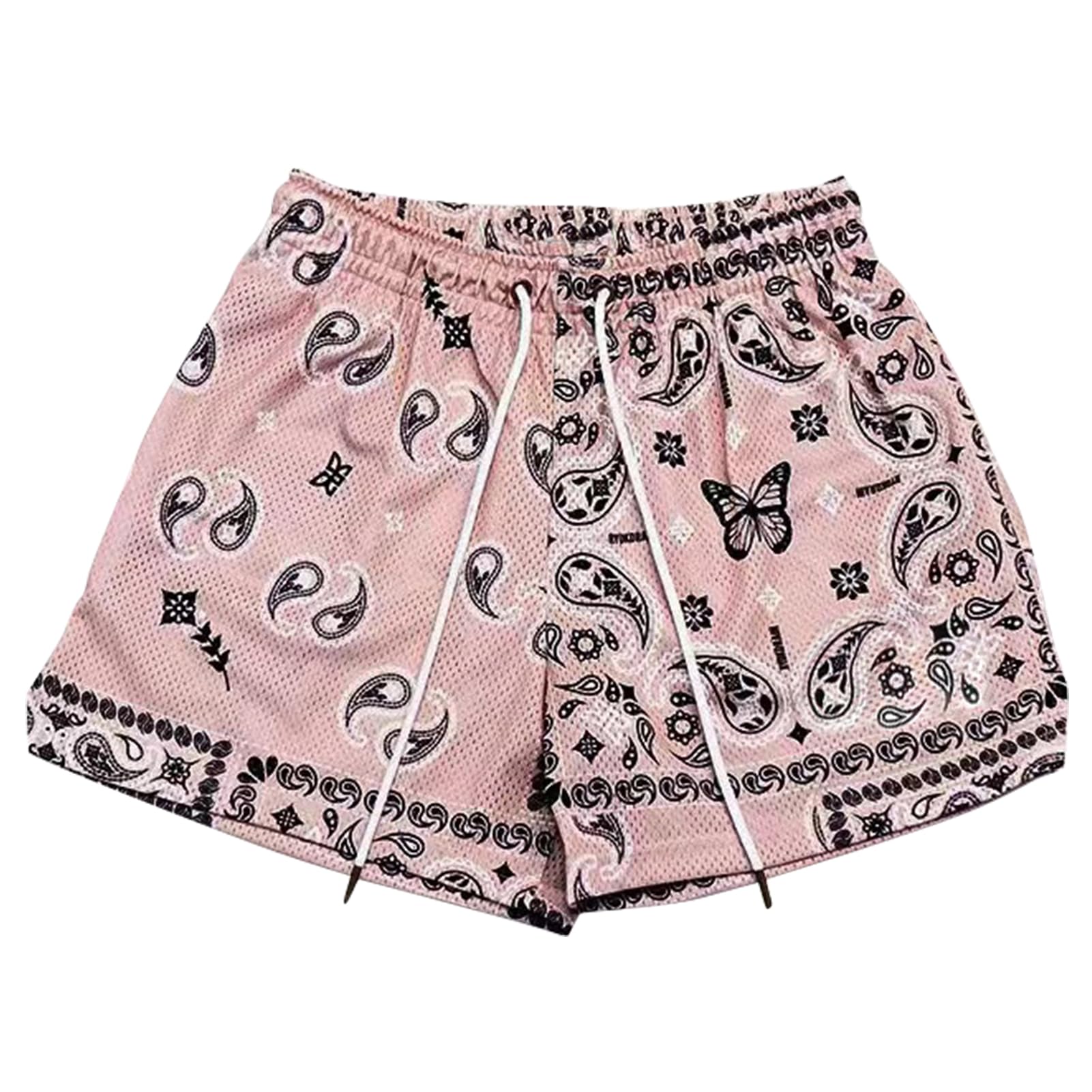 Men's Paisley Shorts Workout Athletic Drawstring Bandana Print Basketball Casual Beach Boxing Shorts(Pink X-Small)