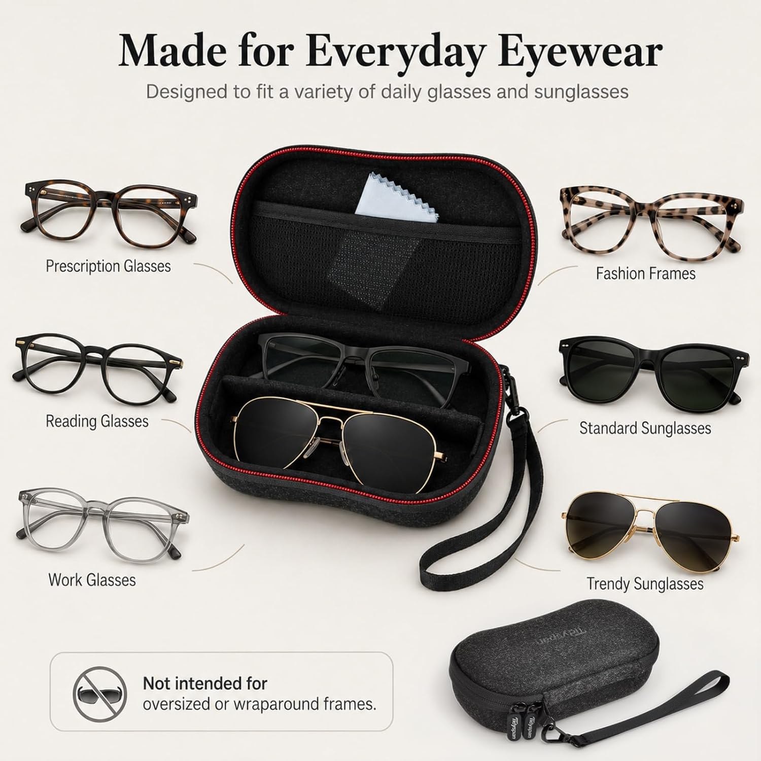 Double Eyeglasses Case for 2 Pairs, Hard Shell Travel Box | For Reading Glasses, Prescription Glasses, Sunglasses, and Work Glasses; Adjustable Divider, Mesh Pocket, Wrist Strap