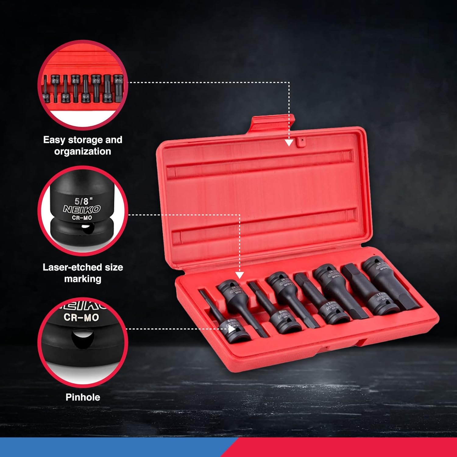 Neiko 01136B 1/2-Inch Drive Allen Hex Impact Socket Set, Metric, 6 mm - 19 mm, Cr-Mo, 8-Piece