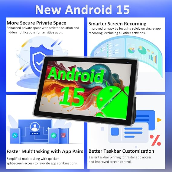 10 inch Android 15 Tablet, 8GB RAM 32GB ROM Powerful Quad-core CPU, 1280*800 Resolution Screen Tablet PC, 8MP Camera, 6000mAh Battery Computer, 2 in 1 Tablets with Keyboard, Case, Mouse, Stylus Laptop