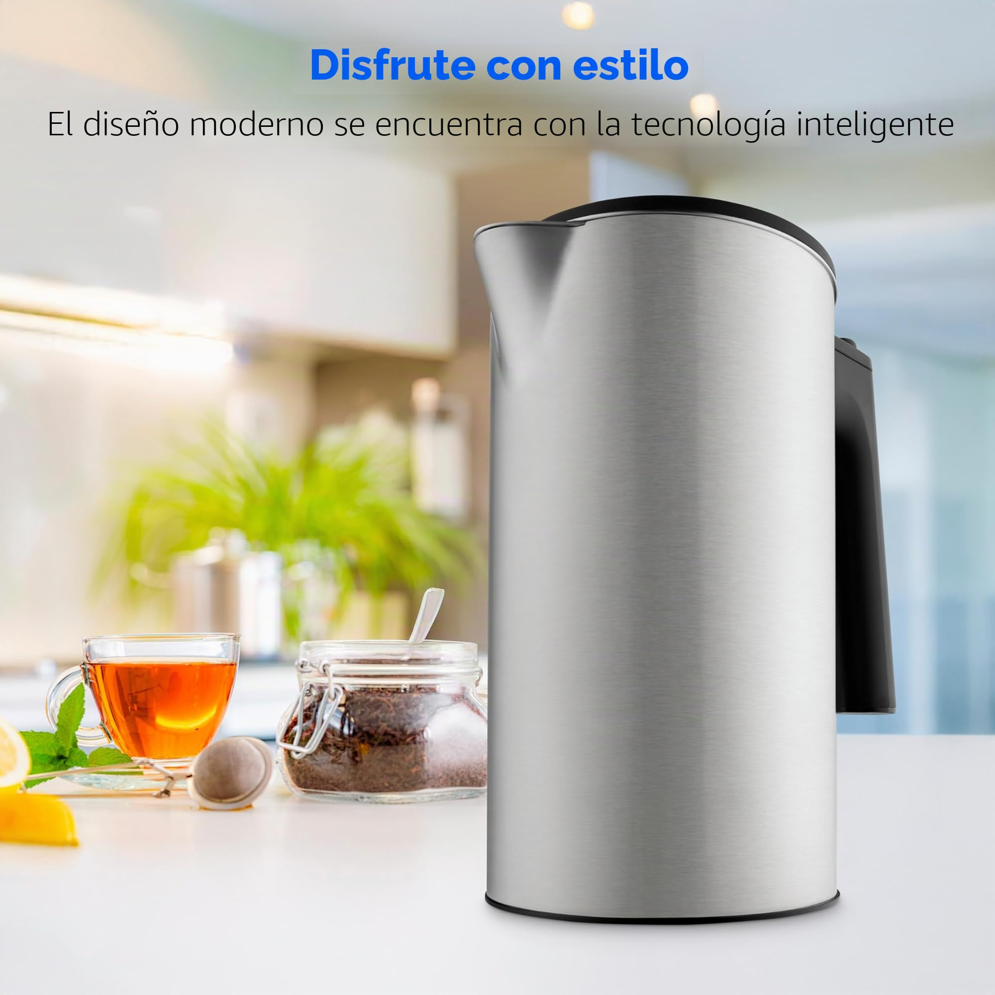 MEDION Hervidor digital LIFE MD12106, potencia de 2200 vatios, capacidad de 1,5 litros, pantalla LED, barra luminosa LED, programas automáticos, seguridad para niños, color plateado.