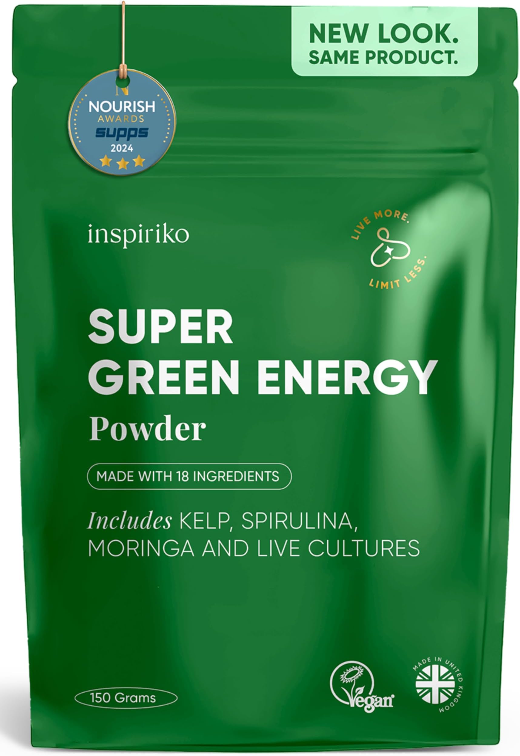 Super Greens Powder with 18 Natural Superfood Ingredients - Spirulina, Kale, Moringa - Green Powder Superfood with Probiotics, 150g, UK Made, Vegan