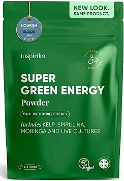 Inspiriko Super Greens Powder with 18 Natural Superfood Ingredients - Spirulina, Kale, Moringa - Green Powder Superfood with Probiotics, 150g, UK Made, Vegan