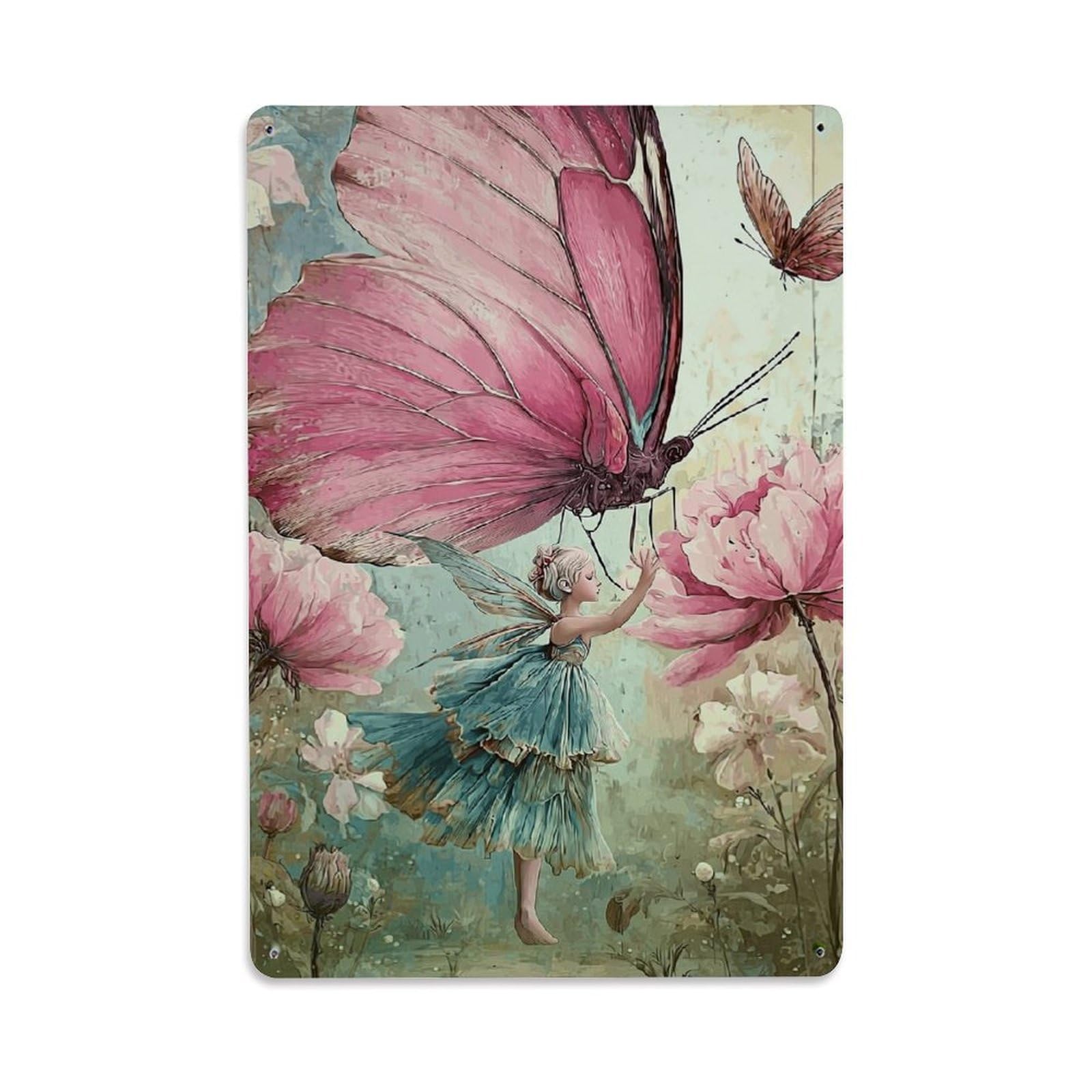 Nestemfo Vintage Fairy With Giant Pink Butterfly Tin Sign Metal Sign, Living Room,Bar, Home, Bedroom Wall Decor,Retro Metal Poster 8X12 Inches