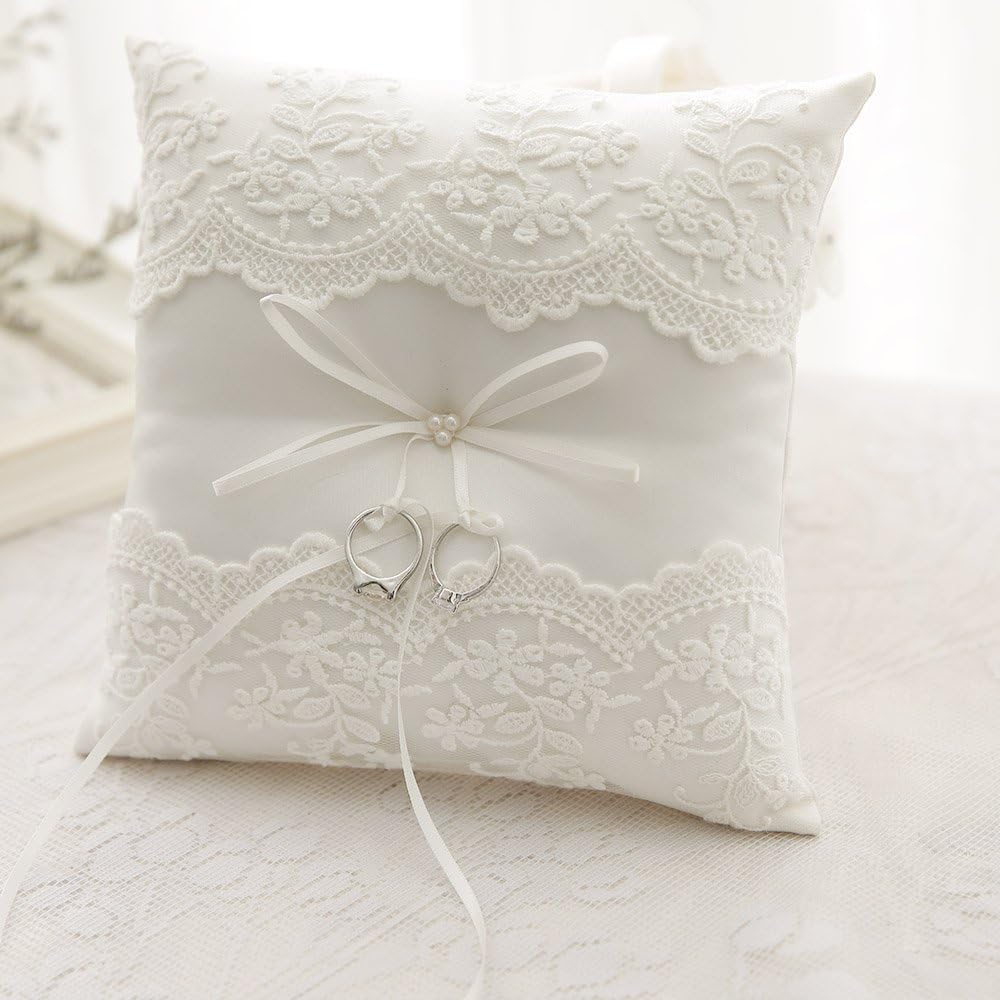 Awtlife Lace Pearl Wedding Ring Pillow Cushion Bearer 8.26 Inch for Beach Wedding