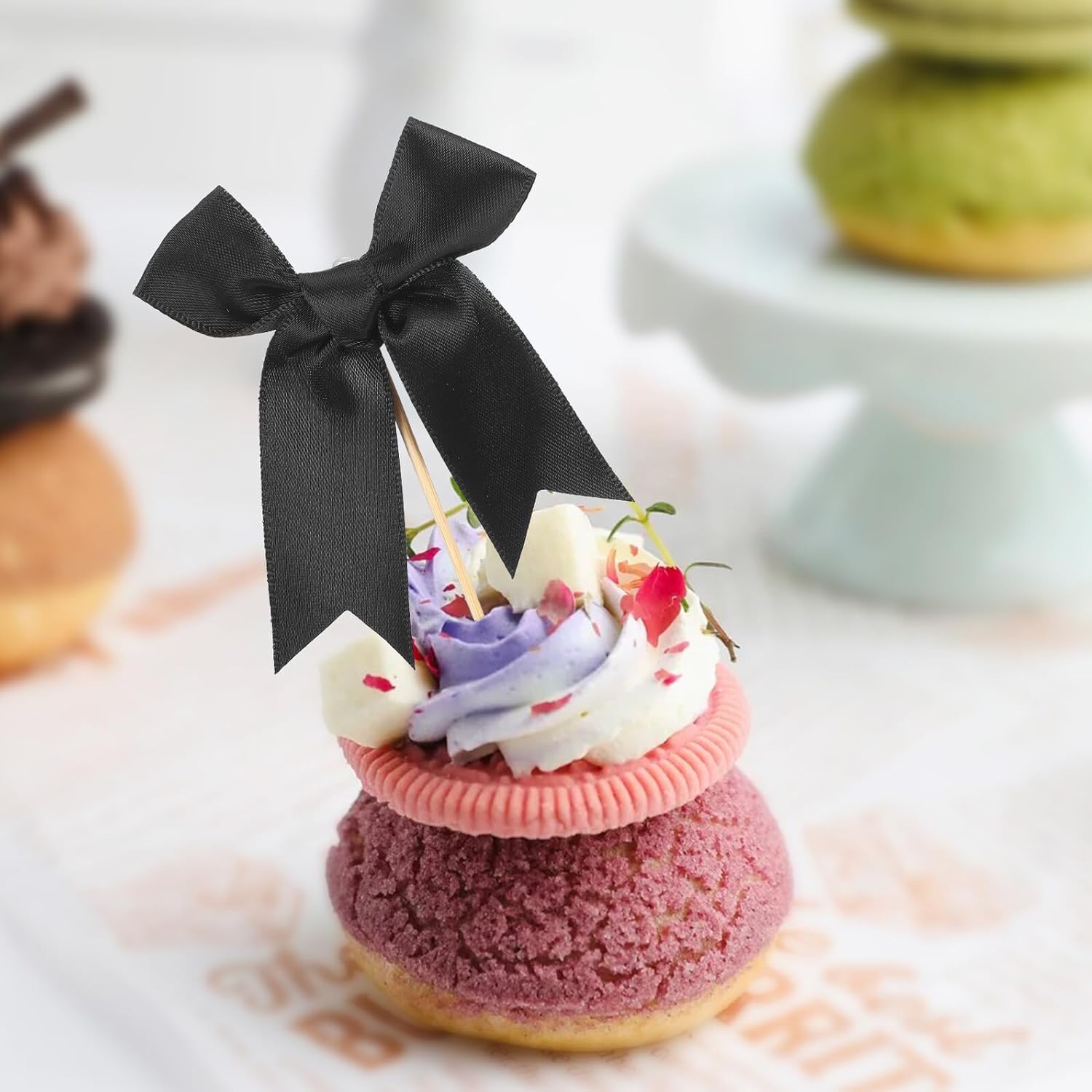20pcs Black Bowknot Cake Decorations Polyester Birthday Cake Toppers Party Cupcake Picks Non-edible Dessert Insert for Celebration Supplies