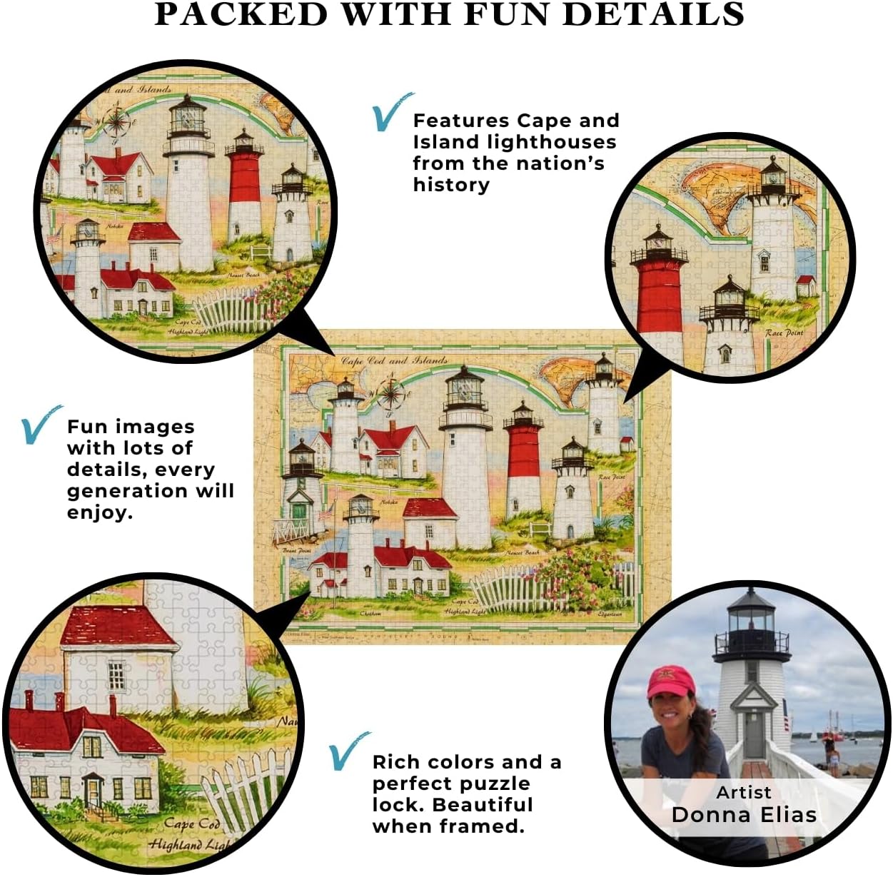 Heritage Puzzle - Lighthouses of Cape Cod and The Islands by Donna Elias 550 Piece Puzzles for Adults - Historic Nautical Map Art - Frameable Jigsaw Puzzle 18" x 24" Finished Size