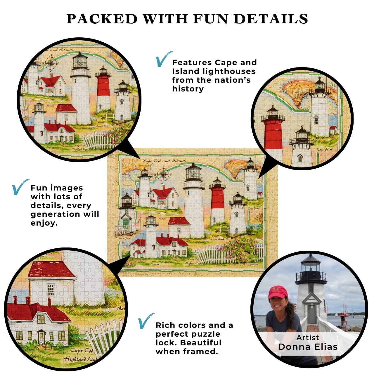 Heritage Puzzle – Leuchttürme von Cape Cod und die Inseln von Donna Elias 550 Teile Puzzles für Erwachsene – Historische nautische Kartenkunst – Rahmenpuzzle 45,7 x 61 cm Fertige Größe