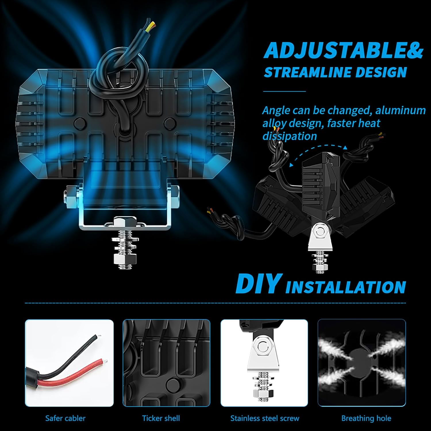 LED Tractor Work Lights 5 Inch,2PCS 60W Square Waterproof 12V LED Flood Light for Truck Equipment Heavy-Duty Boat UTV ATV Excavator