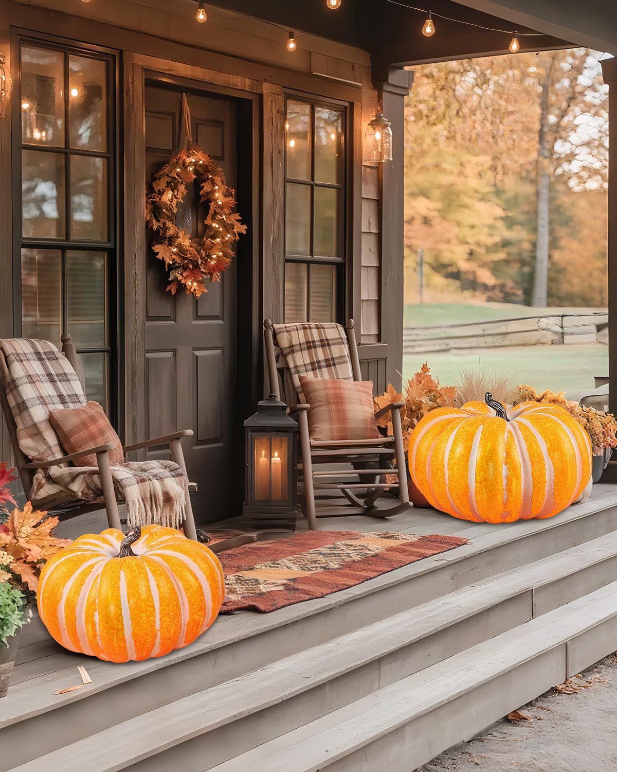 DuHouse Grande zucca artificiale da 47 cm, decorazione autunnale per Halloween, Ringraziamento, veranda, esposizione interna ed esterna (zucca piatta)