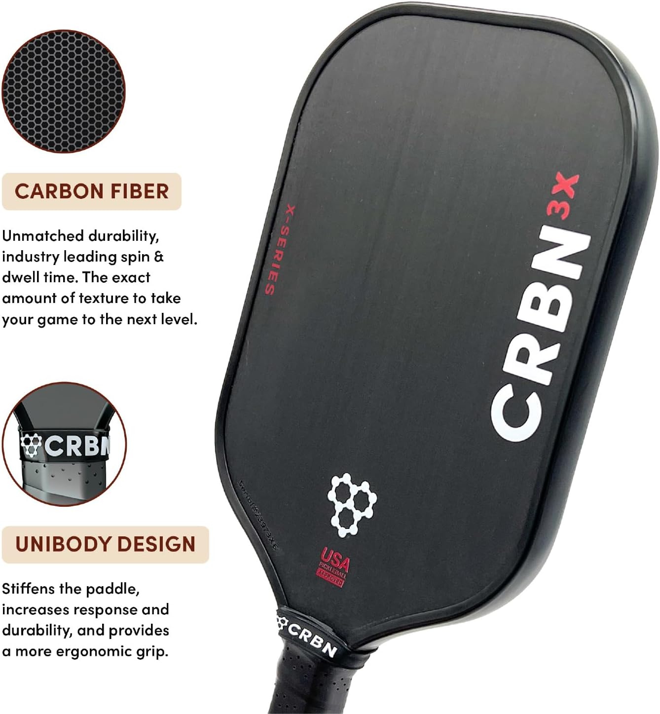 CRBN Pickleball - X Series Power Paddle - Carbon Fiber Pickleball Paddle with Foam Injected Edges for Expanded Sweet Spot - Image 3