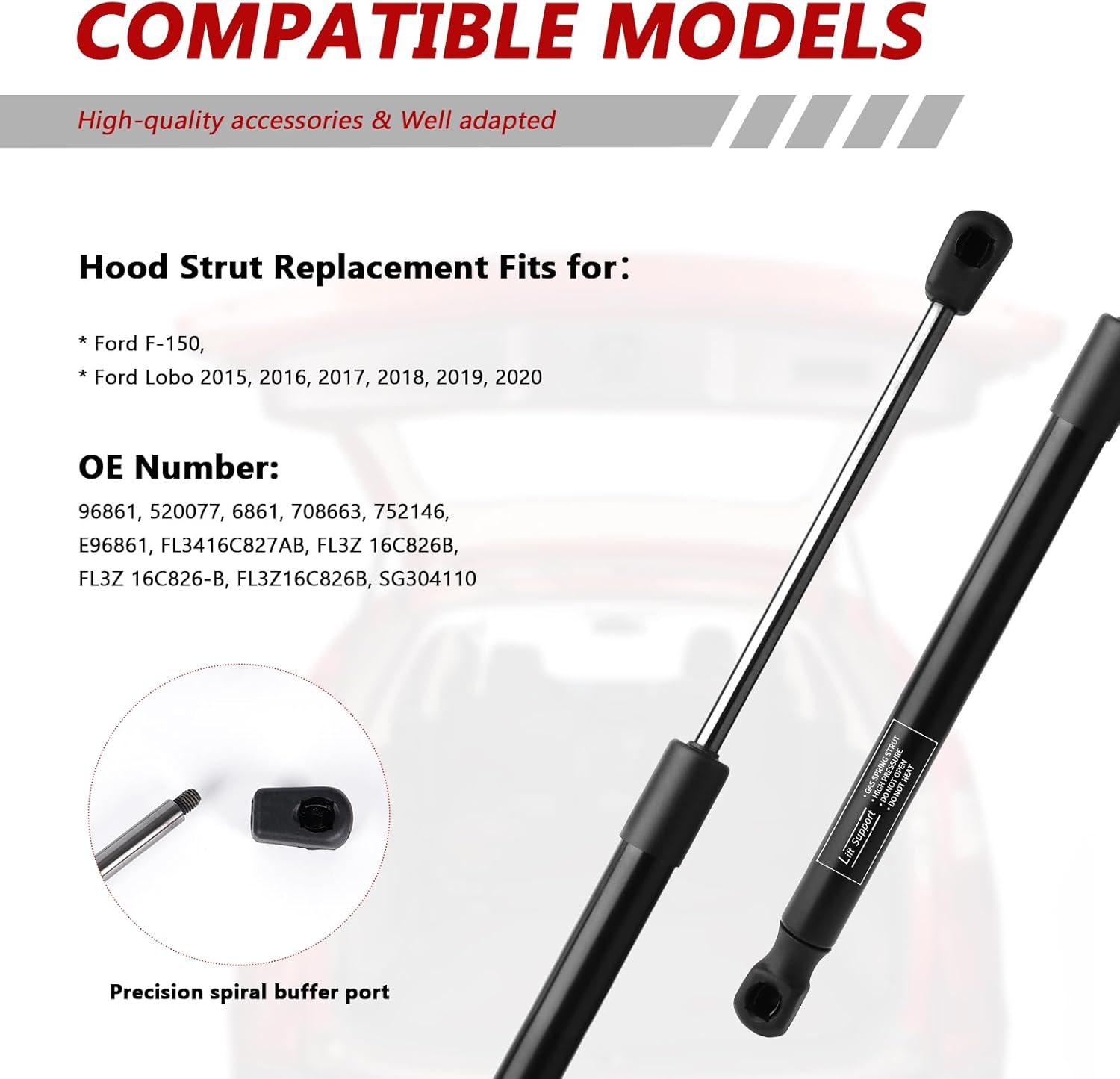 Hood Struts for 2015-2020 Ford F-150 (Excl. Raptor), Gas Lift Supports Replacement, Heavy Duty Hydraulic Shocks, #FL3Z-16C826-B - Easy Installation
