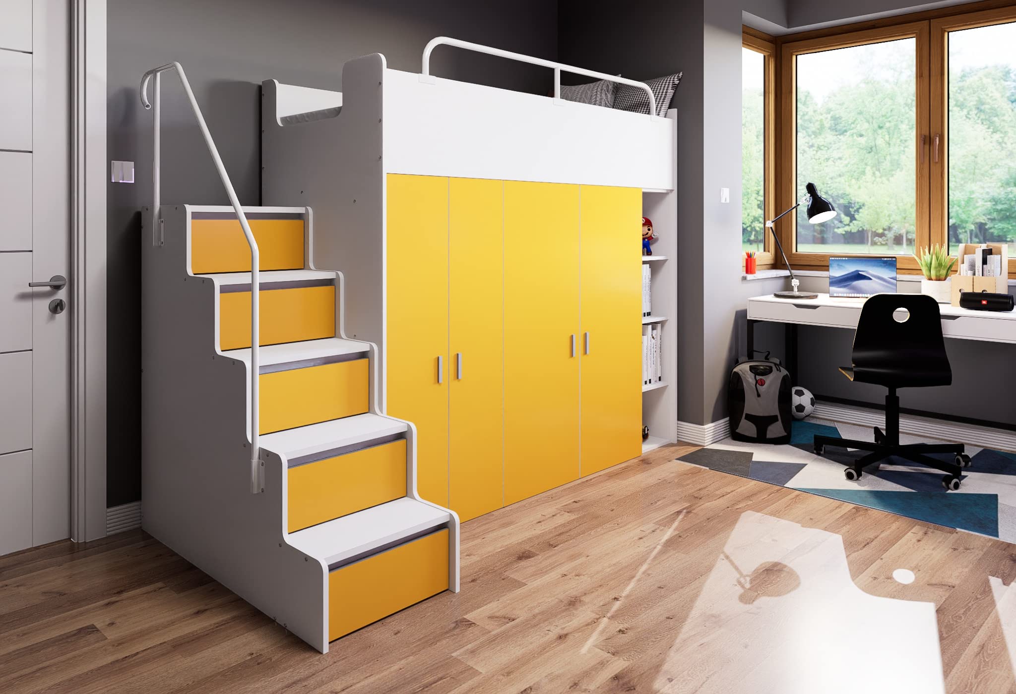 Hochbett Kinderbett JSM-2 80x190 mit Zwei Kleiderschränken, Bücherregal und Treppe Matt Etagenbett Stockbett Jugendhochbett (Graphit)