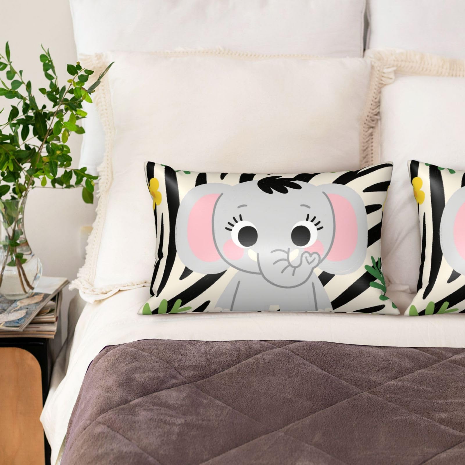 Cute Elephants Satin Pillowcase for Hair and Skin Set of 2,Ultra Smooth Soft Breathable Cooling Pillow Cases Queen Size 20x30 Inch Bed Pillowcovers with Hidden Zipper Cushion Case Gifts for Women Men