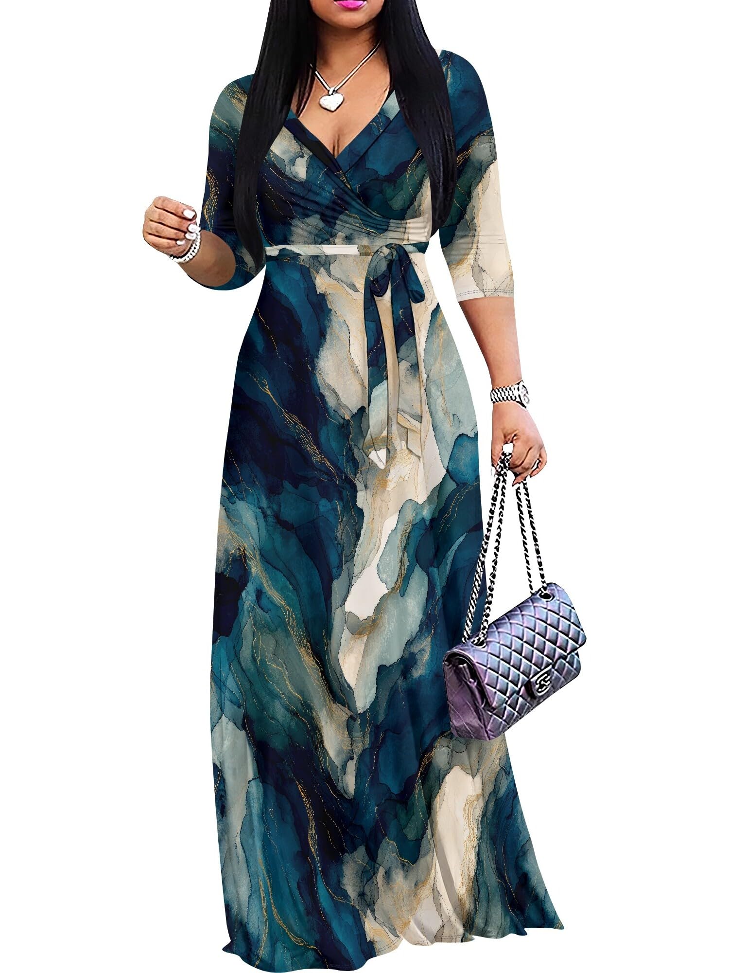 PinkPatty Women's Plus Size V Neck Long Sleeve Wrap Maxi Dress with Belt | Flowy belted maxi dress for travel, vacations, weddings, dinners, church, parties, and everyday elegant wear