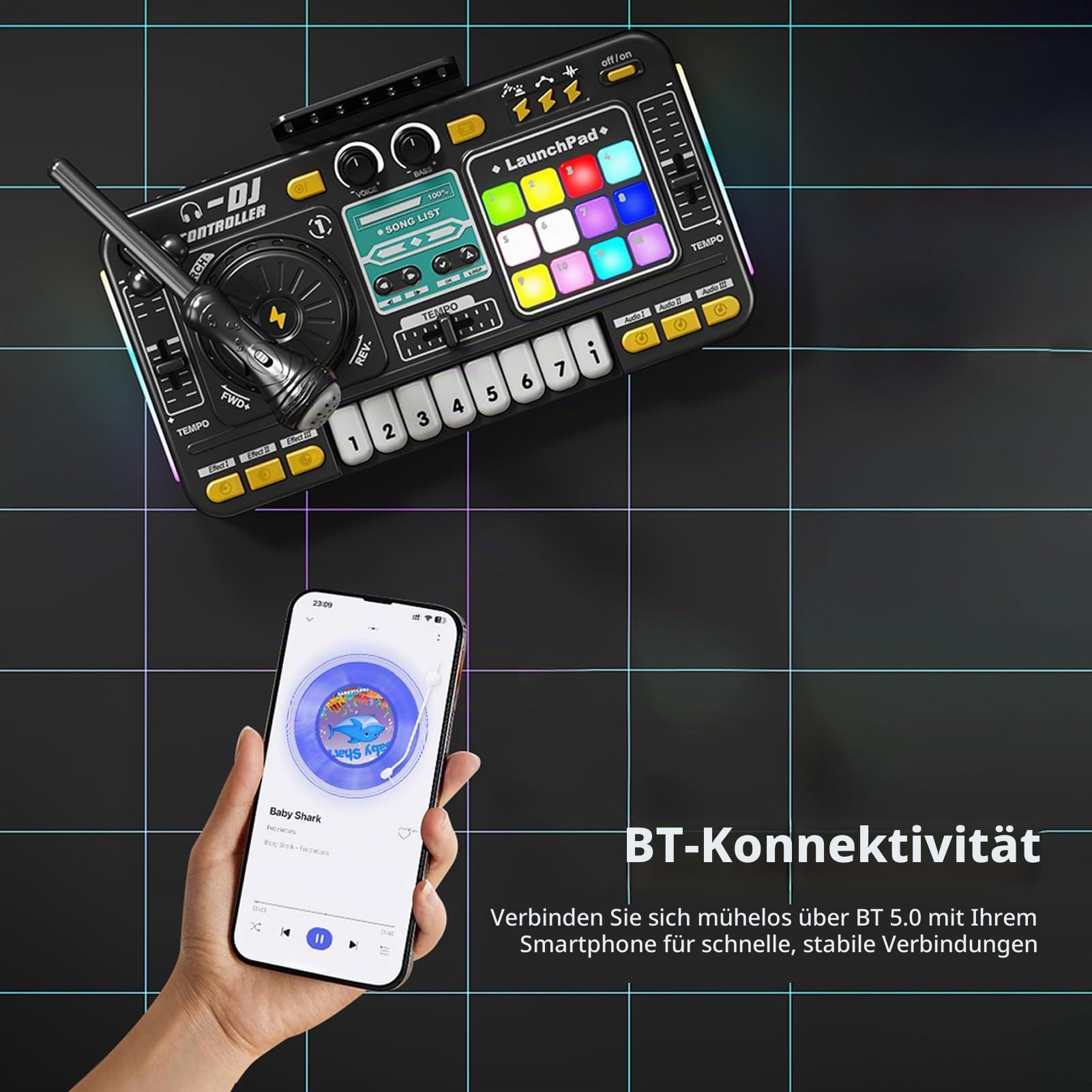 Btuty DJ Controller für Kinder Disc Player Elektronische Tastatur BT DJ Mixer Tisch mit verstellbarem Mikrofon dynamischen Lichteffekten Partyspielzeug für Kinder Musikalische