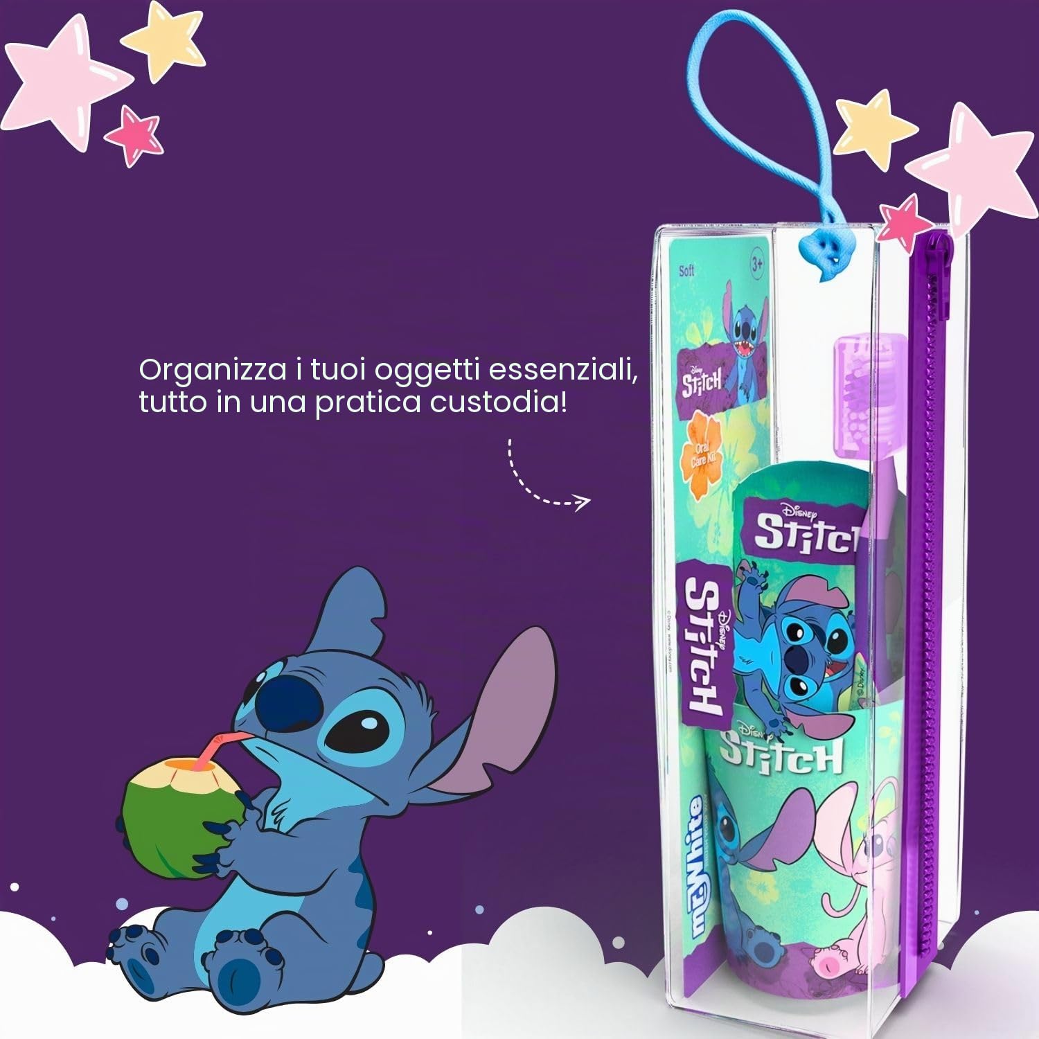 Disney Stitch - Set di spazzolini da denti per bambini, con setole morbide, ventosa e tappo protettivo, dentifricio alla menta e bicchiere multiuso, kit per l'igiene orale da viaggio per bambini dai 3