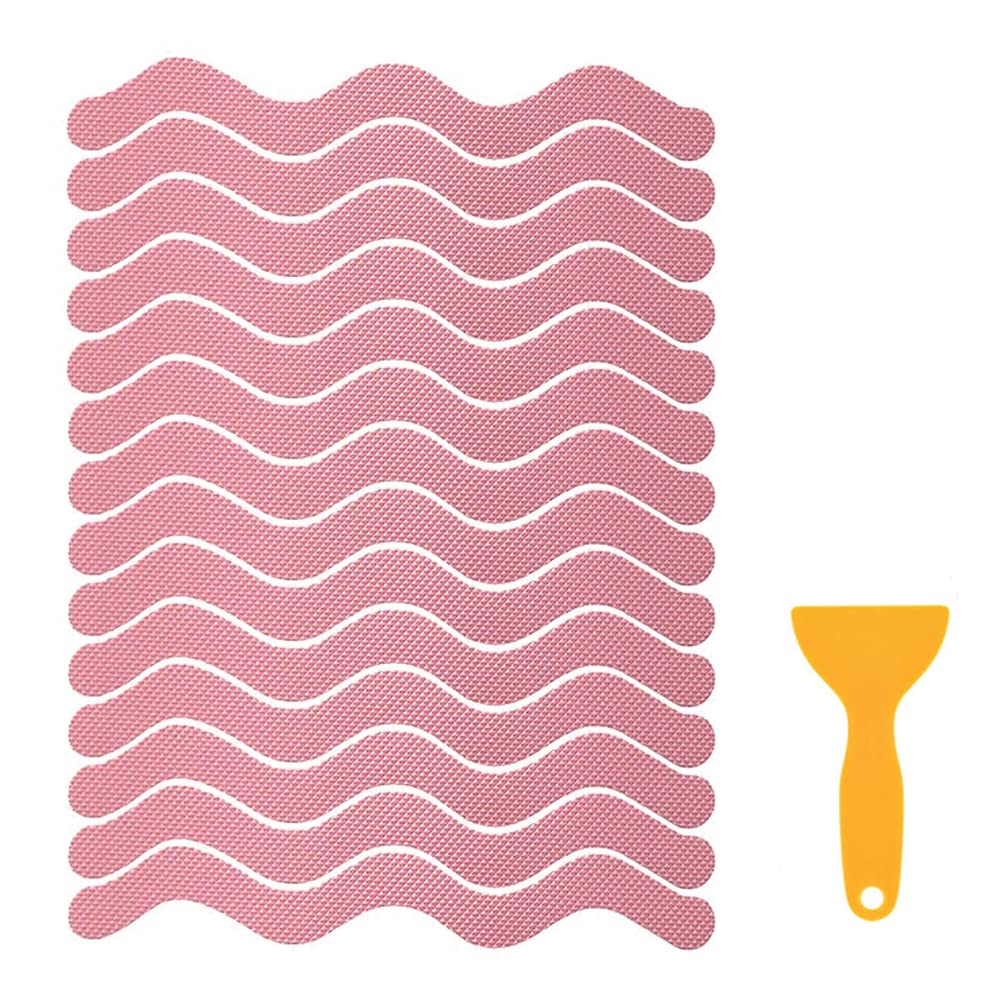 HATOOLHA 24pcs Bathtub Non Slip Stickers, Shower Floor Safety Non Slip Wave Strips Anti Slip Stickers for Bathroom Tubs Stairs, with Scraper (Pink)