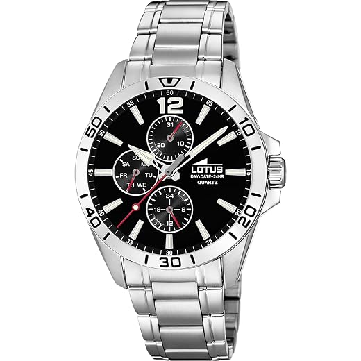 LOTUS Reloj Hombre Analógico de Acero Inoxidable 316l Plateado - Movimiento de Cuarzo - Cristal Mineral de Alta Resistencia - Resistente al Agua 5 ATM - Multifunción 18812 Trendy