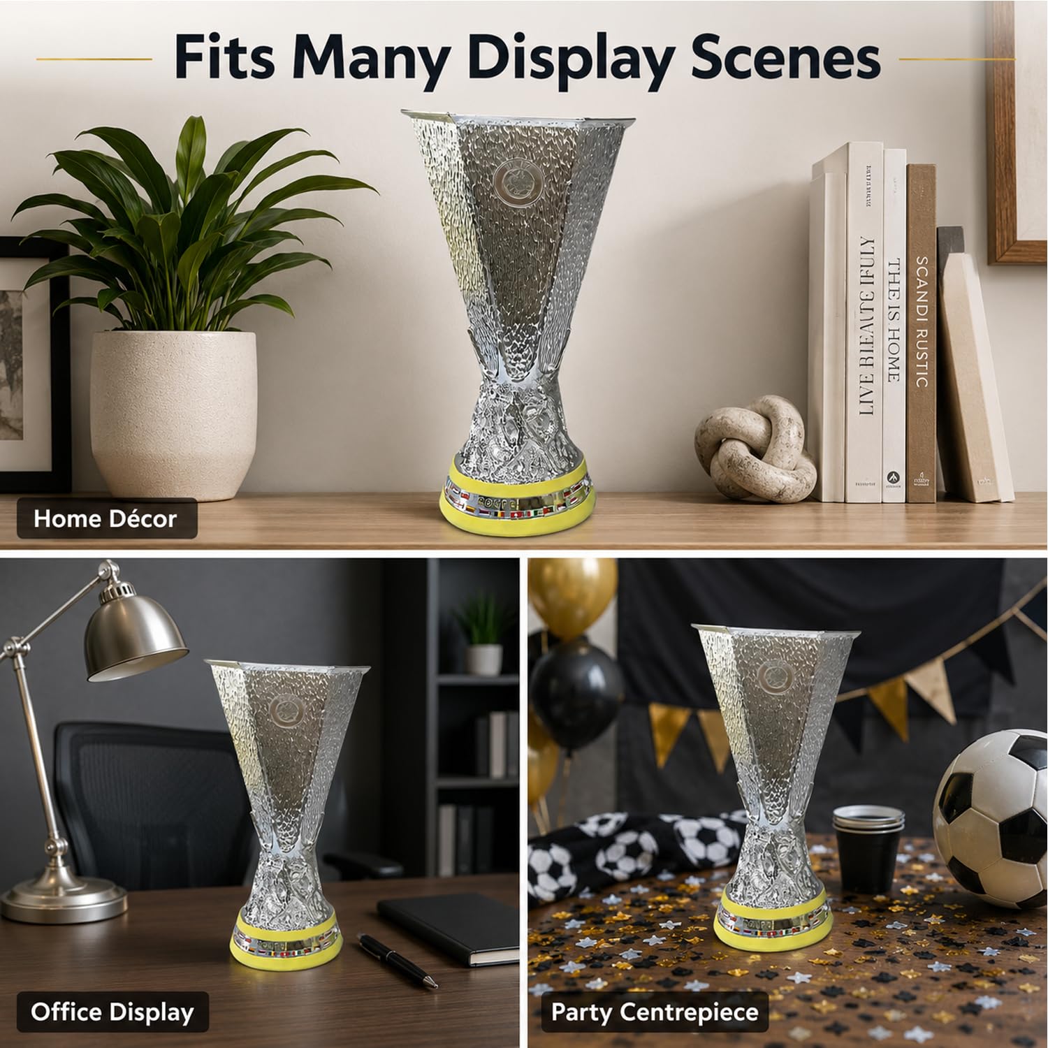 Europäische Fußball Liga Trophäe Replik, Champions Soccer Cup, Fußball Fan Geschenk, Schreibtisch Deko für Club, Home Office, Regal, Fanraum, Bar,32cm | 3 Größe Silberharz Liga Champions Pokal, Fanartikel Geschenk, Sammler, Souvenir, Büro, Regal, Fanraum