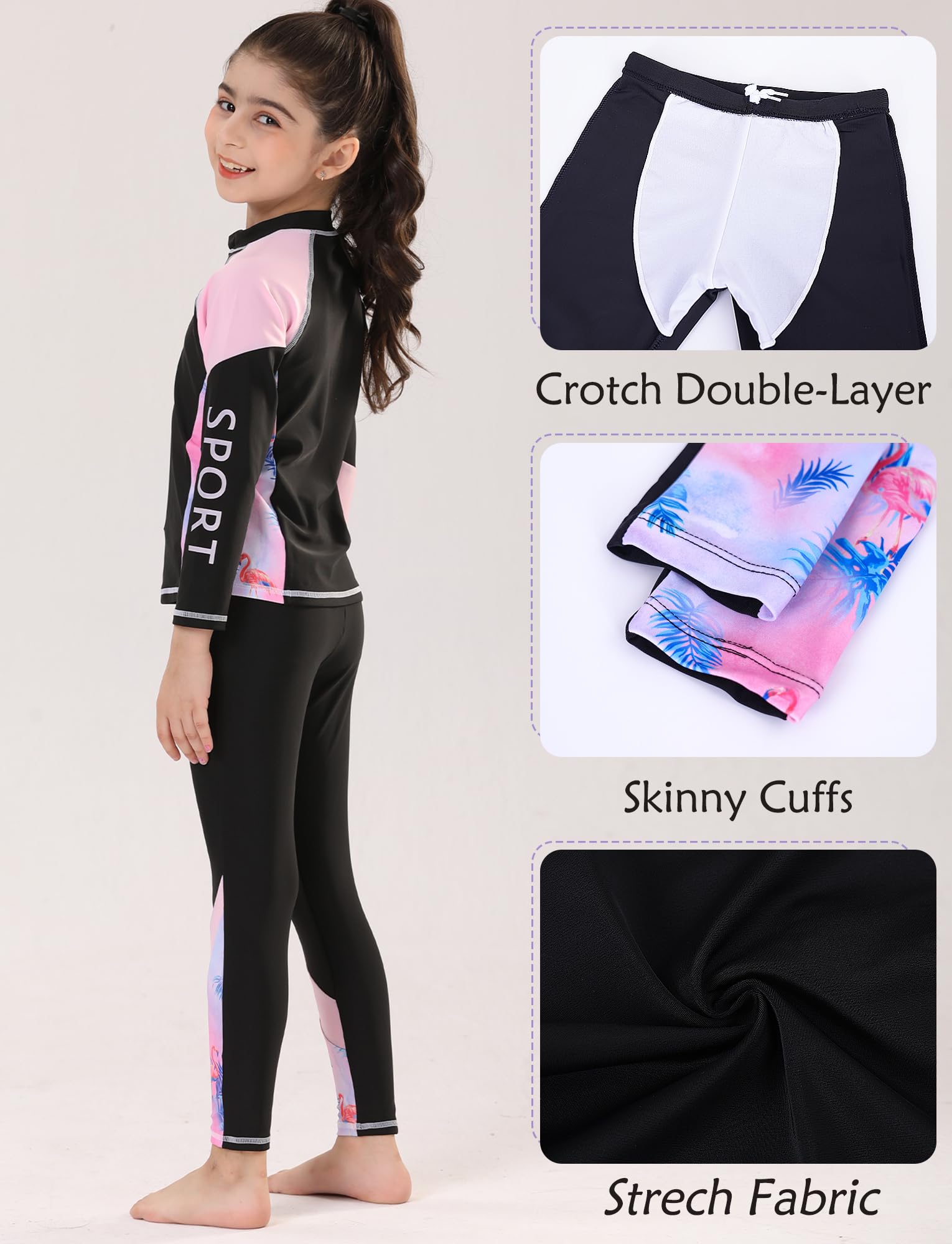 SEAUR Ensemble Rash Guard Fille 3-12 Ans Protection Solaire Maillot de Bain Anti-UV 2 Pièces Haut Manches Longues + Pantalon