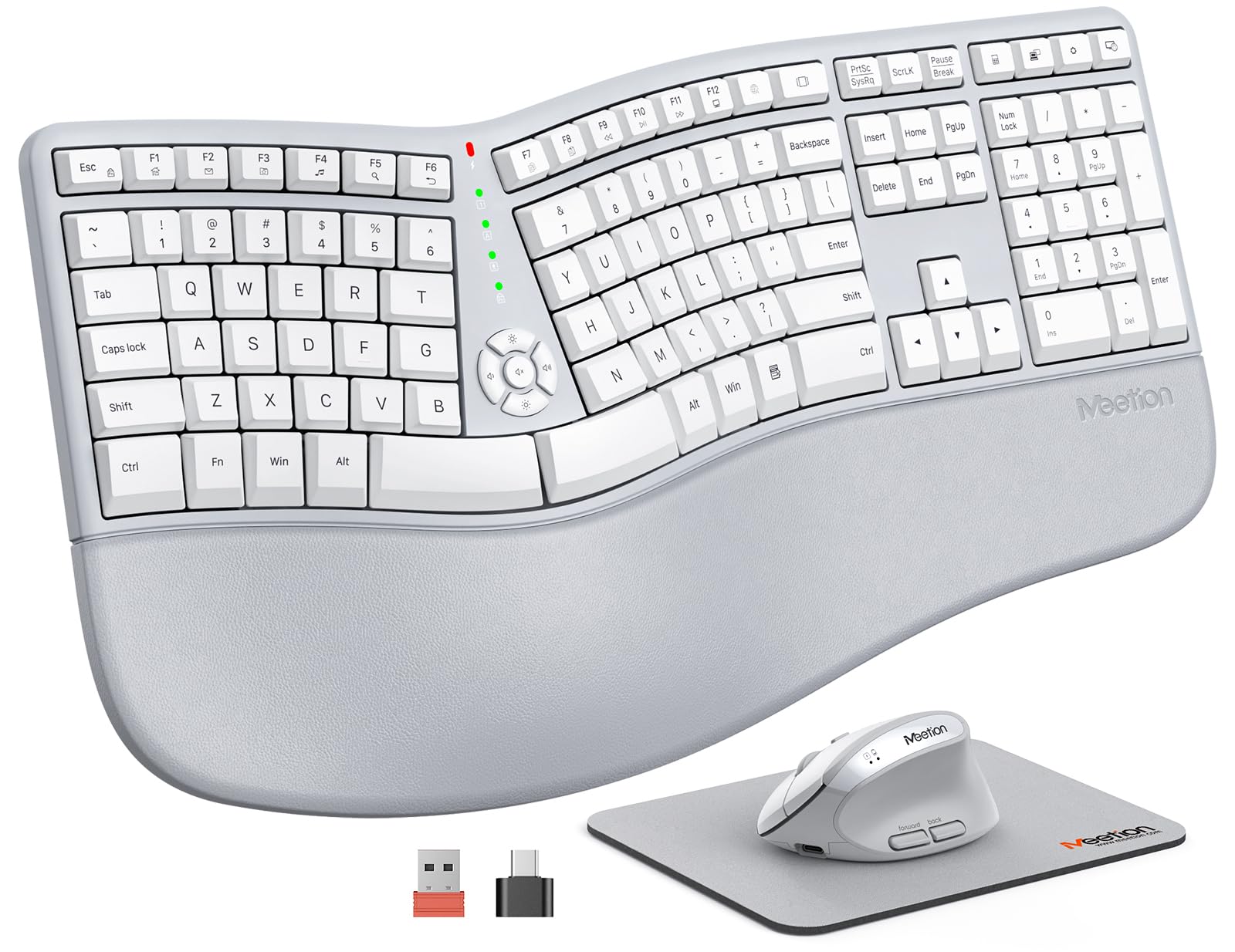 MEETION Ergonomic keybaord and Mouse Combo, Wireless Keyboard and Mouse Set, Ergo Split Keyboard, Vertical Mouse, Rechargeable, for Windows Gray White