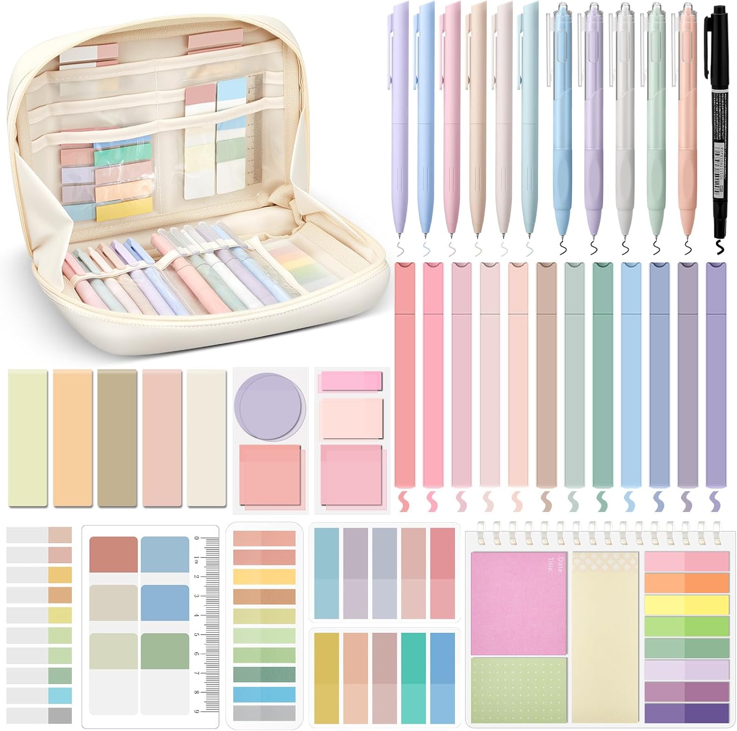 Jutom 41 Pcs Aesthetic Book Annotation Kit with Pencil Bag Bible Journaling Kit Notebook Sticky Note Tab Highlighter Black Ink Pen Page Marker School Office Supplies Bible Lover Gift(Beige)