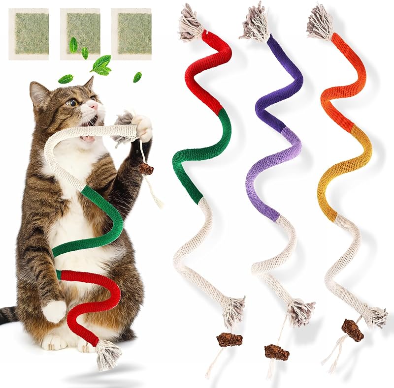 TEAWOO Cat Toys Chew Ropes 3Pcs with Natural Catnip, Safe Teeth Cleaning Toy for Indoor Kittens, Interactive Cat Kitty Toys for All Breeds (27.56 Inches, 3 Bags of Catnip Included)