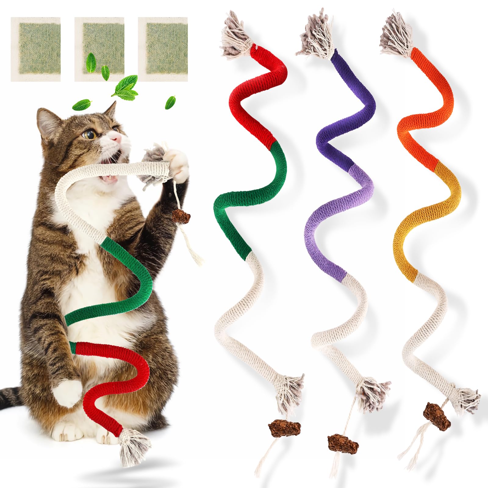 TEAWOO 6 PCS Cat Toys Chew Ropes, 27.56 Inches Cat Chew Rope Toy for Teeth Cleaning, Safe Catnip Toys for Cats Rope Chew Toy (6 Bags of Catnip Included)