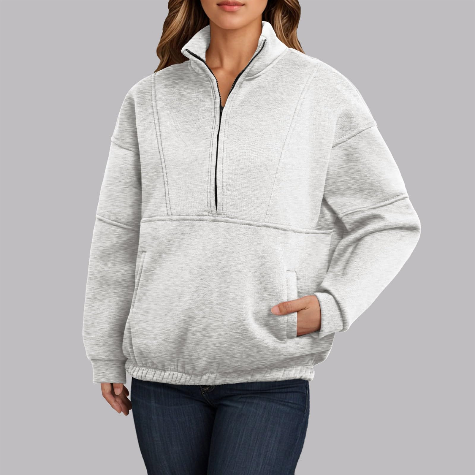 Sudaderas de moda con media cremallera para mujer, casual, manga larga, cuello con cremallera de un cuarto, trajes de invierno y otoño, cuello alto, ajuste holgado, lindas camisetas cómodas para mujer