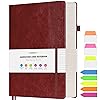 Quaderno a righe, Grande quaderno rigido in pelle A5, Quaderno da lavoro con 312 pagine numerate, Carta da 100gsm senza sbavature, Quaderno a righe per donne, uomini, scuola e ufficio, Rosso Vino