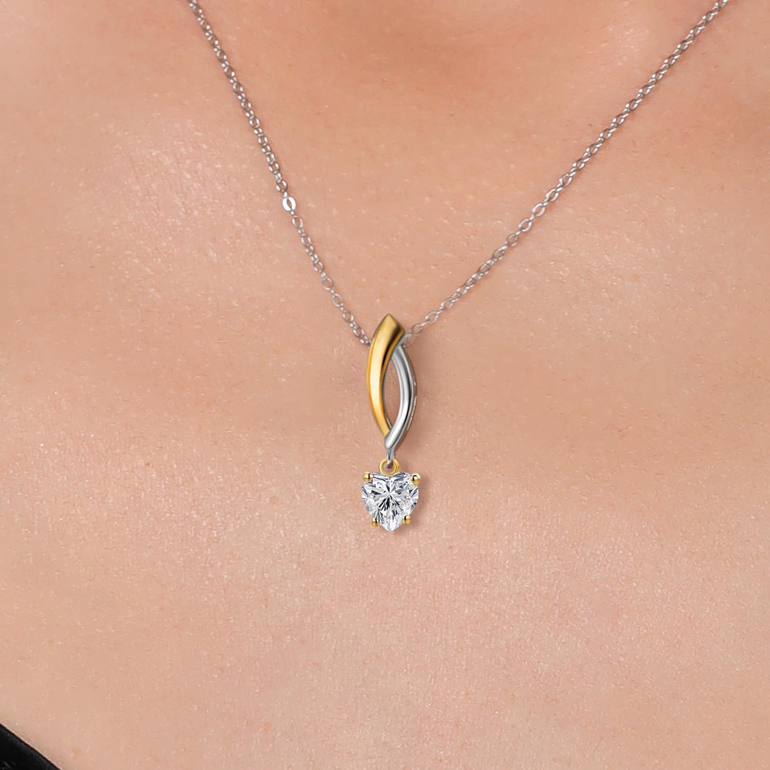 Gem Stone King 925 Silver and 10K Yellow Gold Lab Grown Diamond Pendant Necklace for Women | 0.44 Cttw | Gemstone April Birthstone | Heart Shape 5MM | With 18 Inch Silver Chain - Image 3