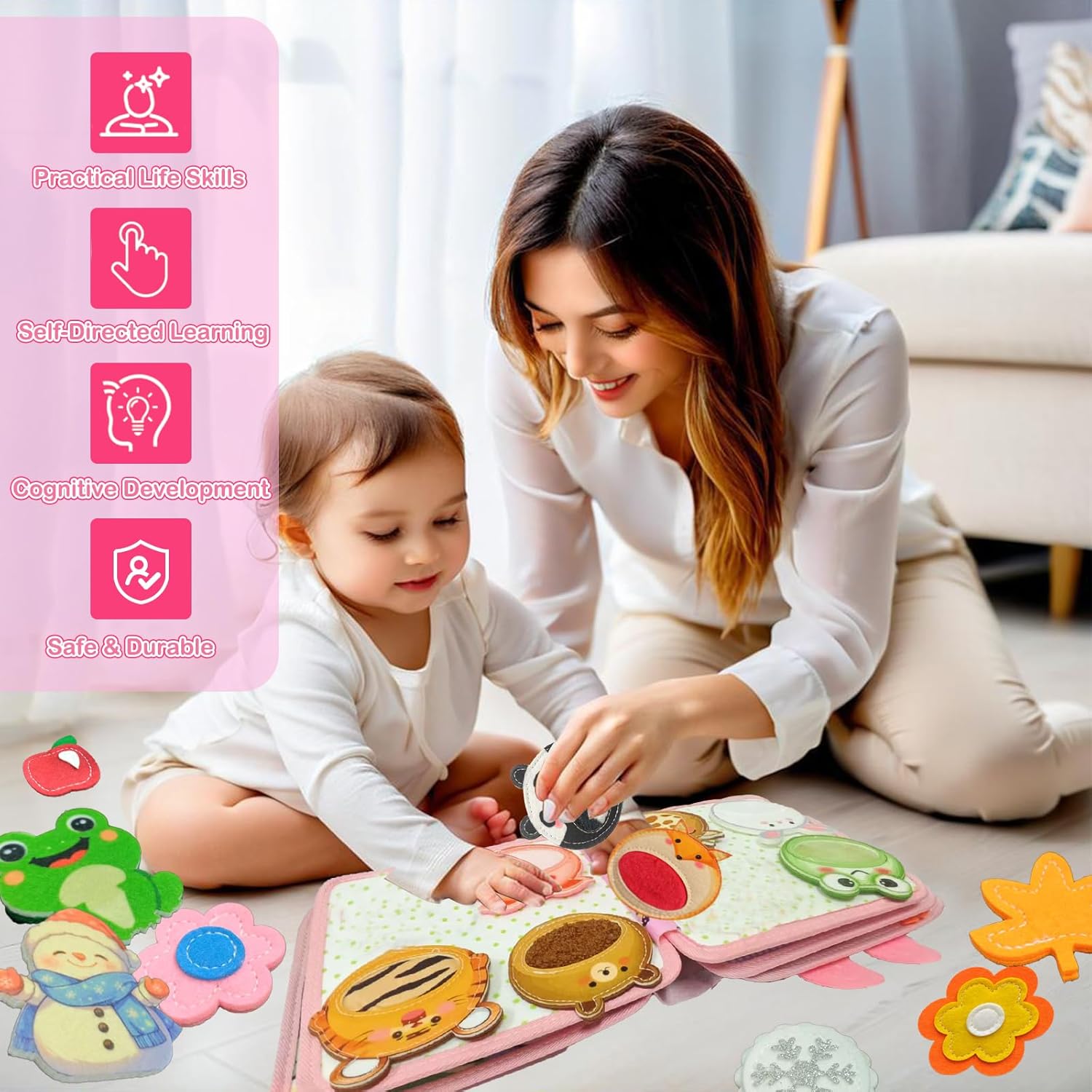 Busy Book for Toddlers 1-3, Bunny Montessori Quiet Felt Book for Girls 1 3 Year Old, Preshcool Learning Busy Book with Various Activities