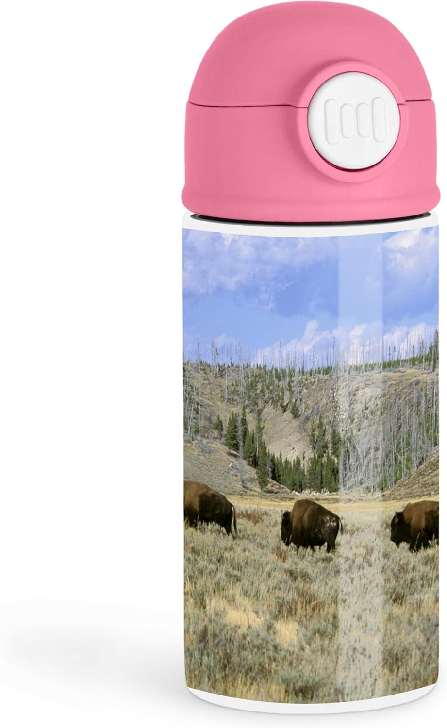 3dRose Sentimental Nature Lover 12oz Kids Pink Bottle – Bison grazing in Yellowstone, soft colors – Outdoor Adventure, School Lunch