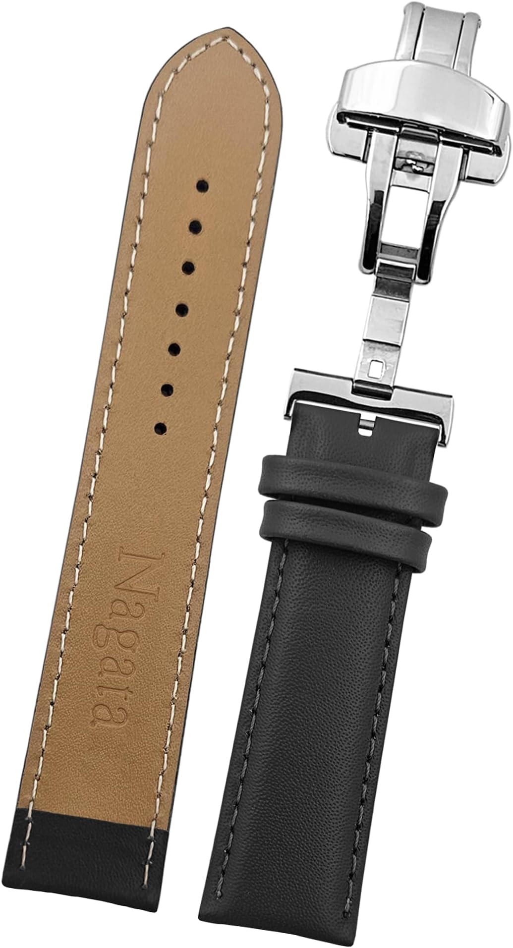 DBLACK ''NAGATA3'' Leather Watch Strap with Butterfly Lock, Minimalist Design Watch Belt // For 18mm, 20mm, 22mm, or 24mm Watch Band (Choose Your Size & Color)
