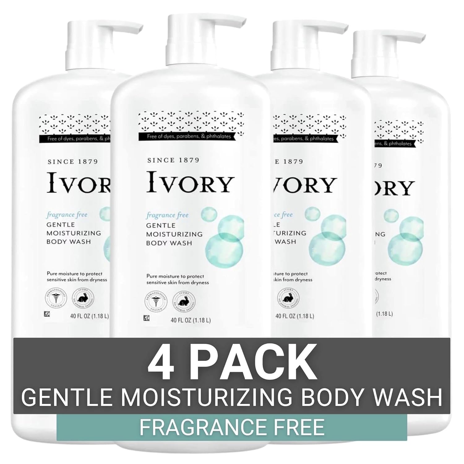 Ivory Gentle Moisturizing Body Wash for Dry, Sensitive Skin, Fragrance-free, 40 oz (Pack of 4)