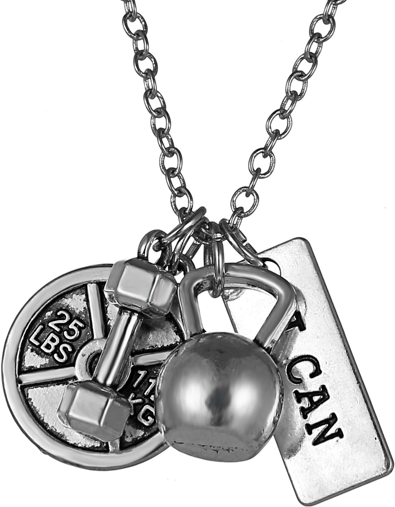 Stainless Steel Fitness Gym Necklace - Unisex Weight Lifting Barbell Kettlebell Dumbbell Workout Exercise Silver Charm Pendant Necklaces (I CAN)