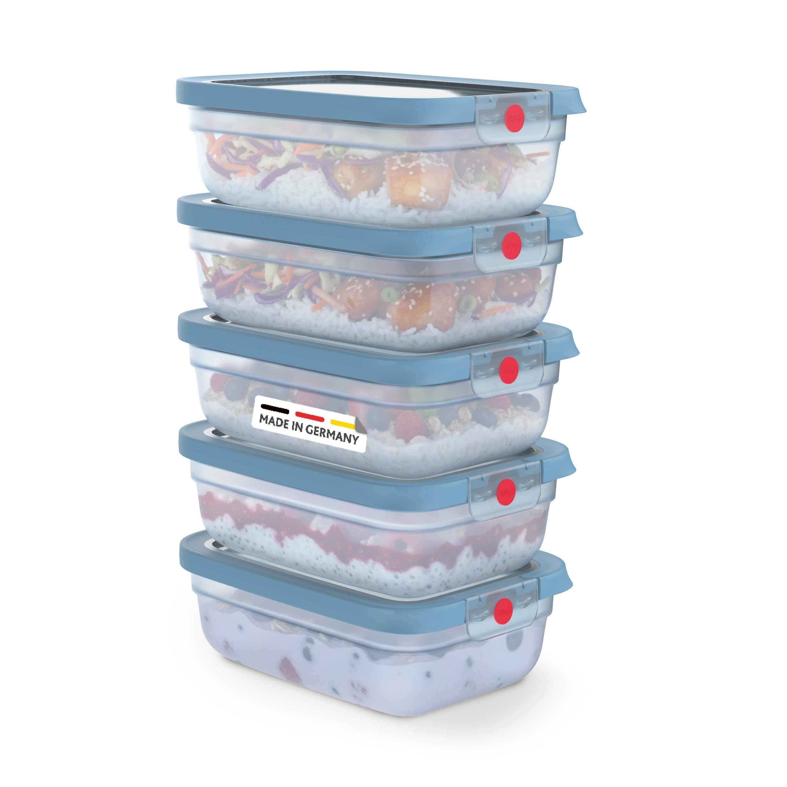 Emsa oneClick, Vorratsdose, One-Click System, Hält Lebensmittel 2x Länger Frisch, 100% Auslaufsicher, Made in Germany, Blue, 5-teiliges Meal-Prep Set 5× 1,2 L / 40,6 fl.oz, N1231200
