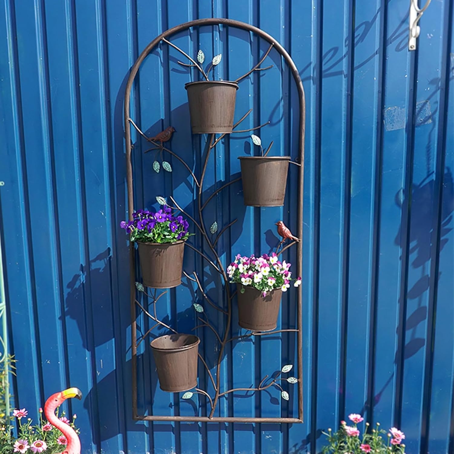 Wall Planter for Climbing Plants Outdoor, Wall Trellis with Pail,134x57cm, Vintage Style, Twigs and Birds Decorative Garden Trellis, for Vining Crops and Flowering Plants