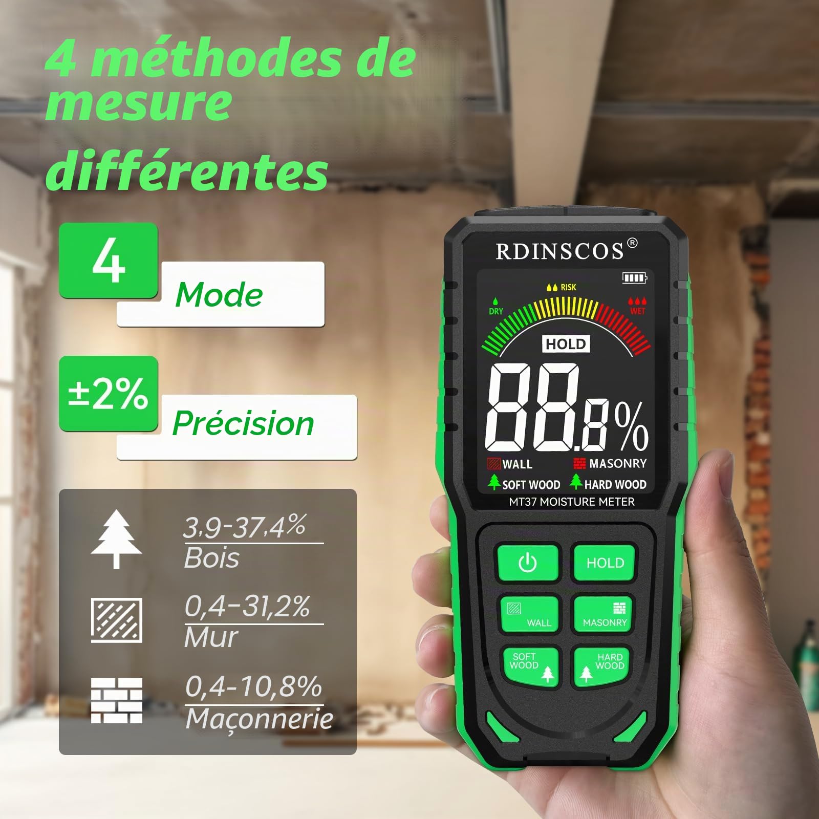 Testeur Humidité Non Destructif Rechargeable Détecteur Mur Humidimètre avec Alarme Automatique pour Béton Bois Maçonnerie