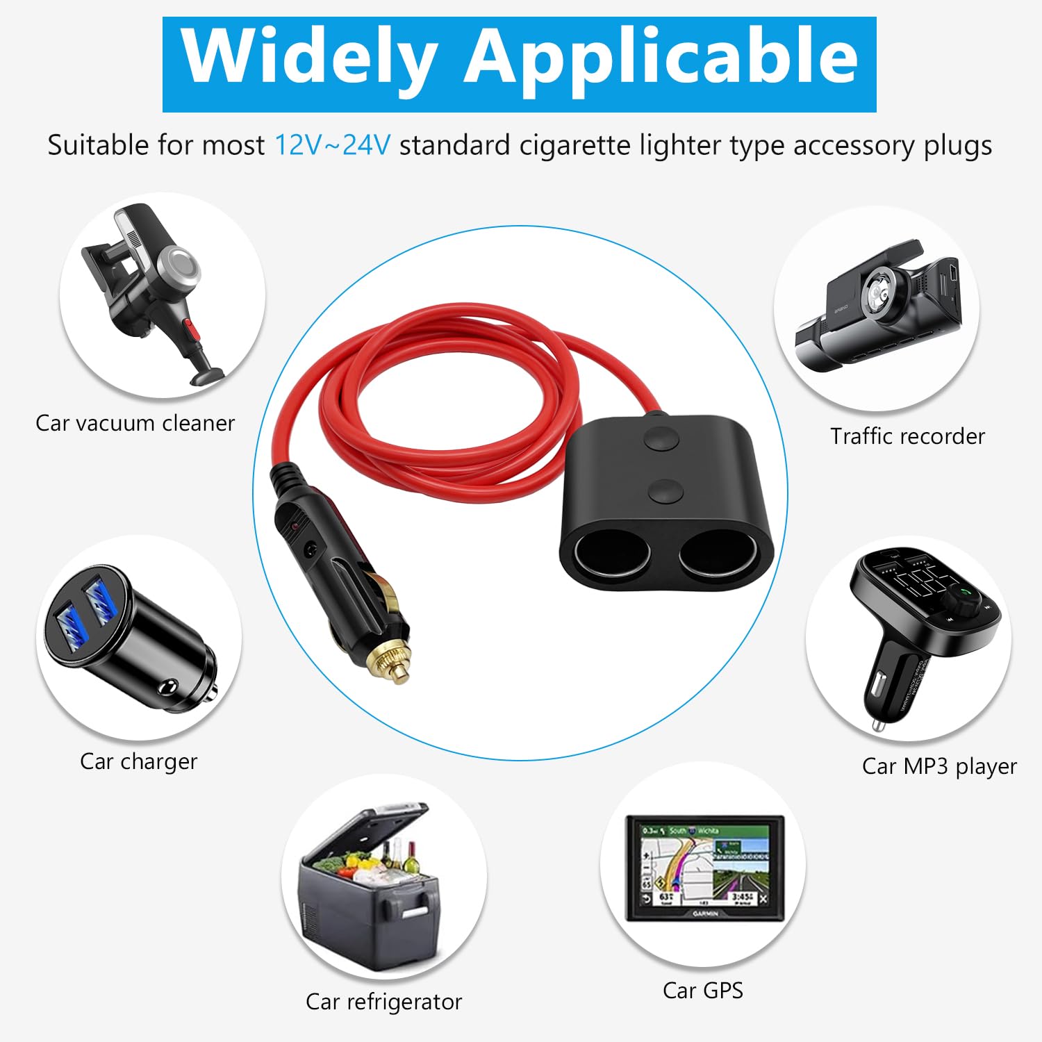 Rozdzielacz zapalniczki samochodowej 180 W, duża moc, 1 wtyczka na 2 gniazda zapalniczki 18AWG, 12 V/24 V, podwójny port USB, ładowarka samochodowa do samochodów, SUV-ów, ciężarówek