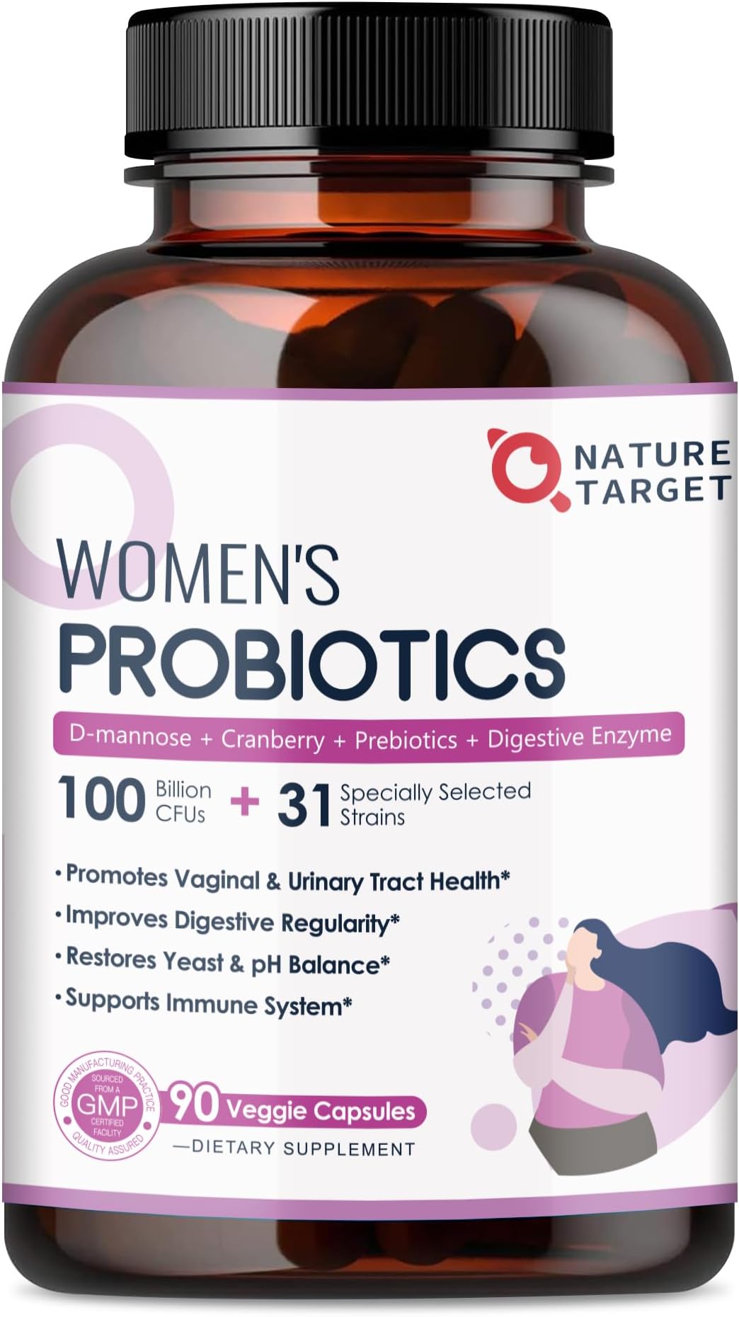 NATURE TARGET Probiotics for Women, 100 Billion CFUs Probiotic with Digestive Enzymes & Prebiotics, Vaginal Probiotics with Cranberry for Urinary Tract Health, pH Balance, 90 Veggie Capsules