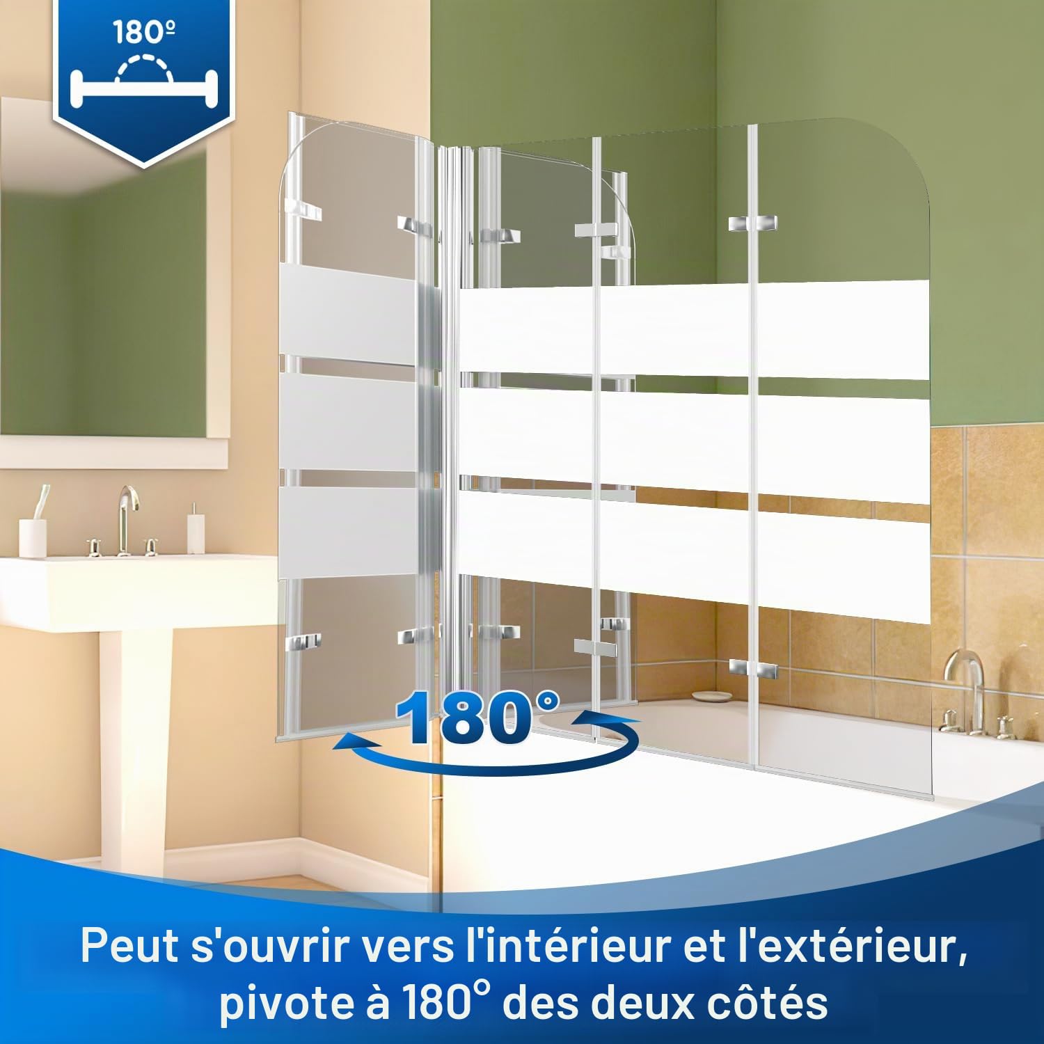 Paroi de douche pliable en 3 parties - Paroi de douche pour baignoire - 100 x 140 cm - Verre de sécurité ESG de 6 mm avec nano-revêtement - Rotation à 180° - Orné d'un motif à rayures