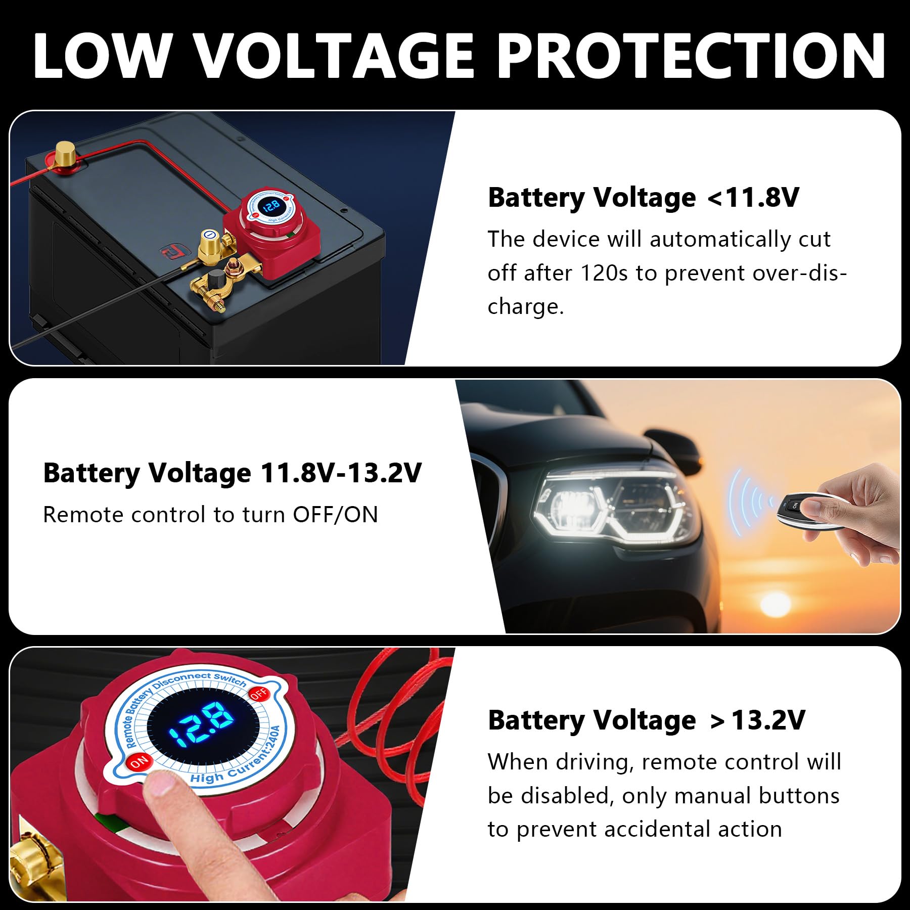 Staccabatteria 12V Con Telecomando 240A – Sezionatore Automatico Senza Fili Con Display Volt, Spegnimento A 11,8V, Per Auto, Camper, Barca E Camion