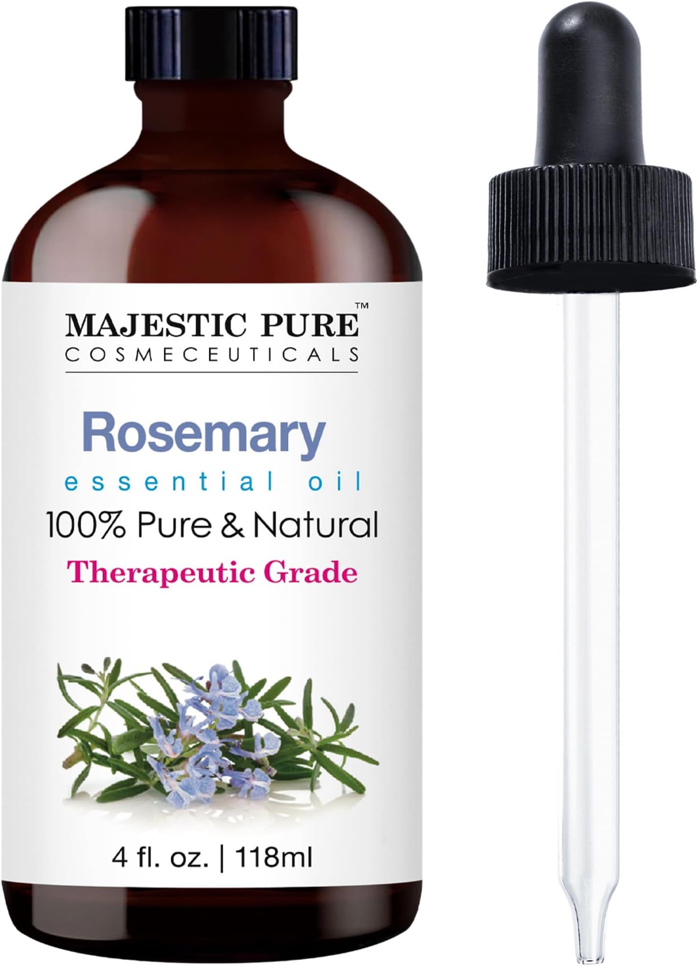 Majestic Pure Rosemary Essential Oil with Glass Dropper - Huge 4 Fl Oz - 100% Pure and Natural Rosemary Oil - Therapeutic Grade Essential Oils for Diffuser, Aromatherapy, Soap and Candle Making