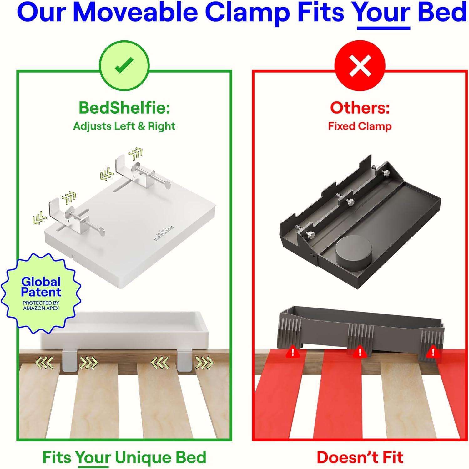 BedShelfie Bedside Shelf for Bunk Bed & Top Bunk, College Dorm Room Essentials, Loft Nightstand, Floating Bed Side Table Tray Storage, Dorm Room Decor By Smallish - (Flexfit Model, White)