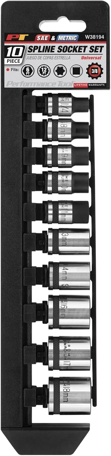 Performance Tool W38194 3/8" Drive Universal Spline Socket Set , 10 piece Metric and SAE