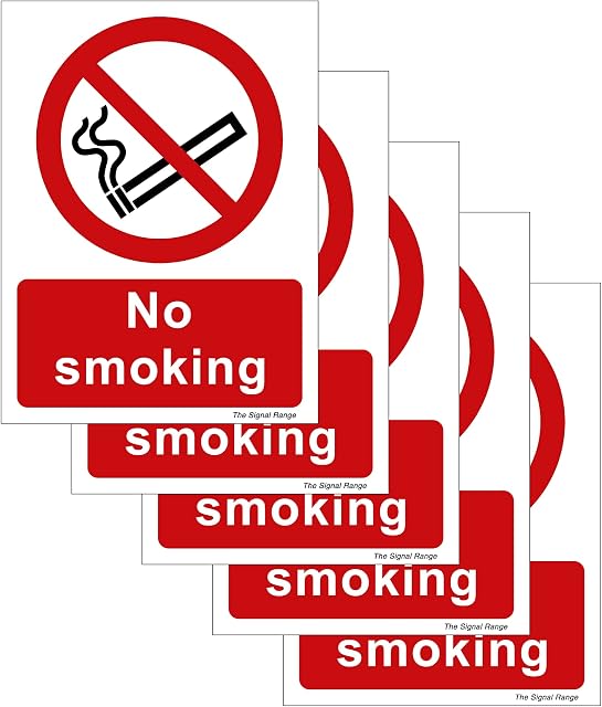 Pack of 5 self adhesive safety signs 135mm x 180mm - No smoking
