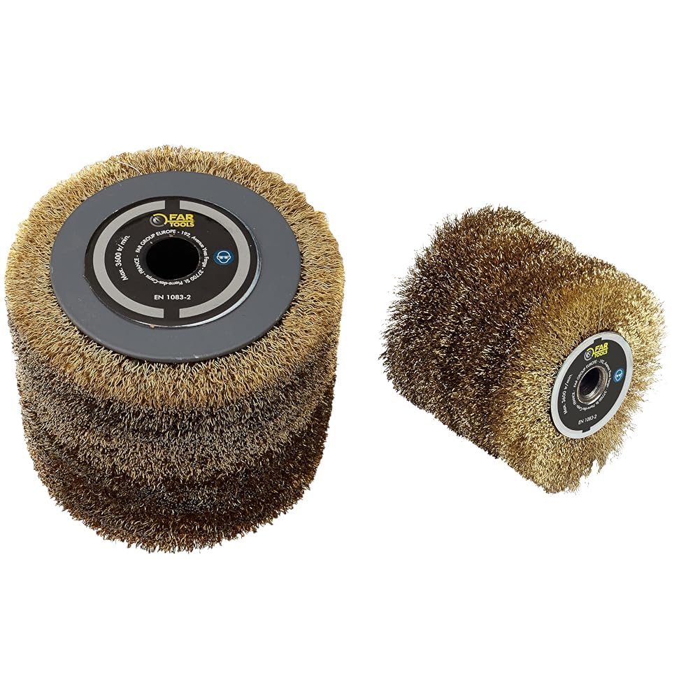 Fartools 110874 Brosse fil métallique Ø120mm - L 100mm compatible avec Rénovateur REX120, REX200 et REX-H200 pour décaper fortement Noir & Brosse fil laitonné 0,3mm Ø120mm/L100mm