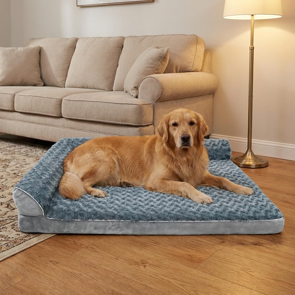 Orthopedic Dog Bed with Pillows, Large Memory Foam Dog Bed Sofa for Medium Large Dogs, Waterproof Washable Cover, Non-Slip Bottom, 42x30x7.5 Inch Supportive Pet Bed Couch, Blue Grey